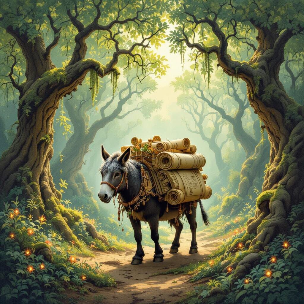 Ancient Mule Laden With Scrolls in Enchanted Forest