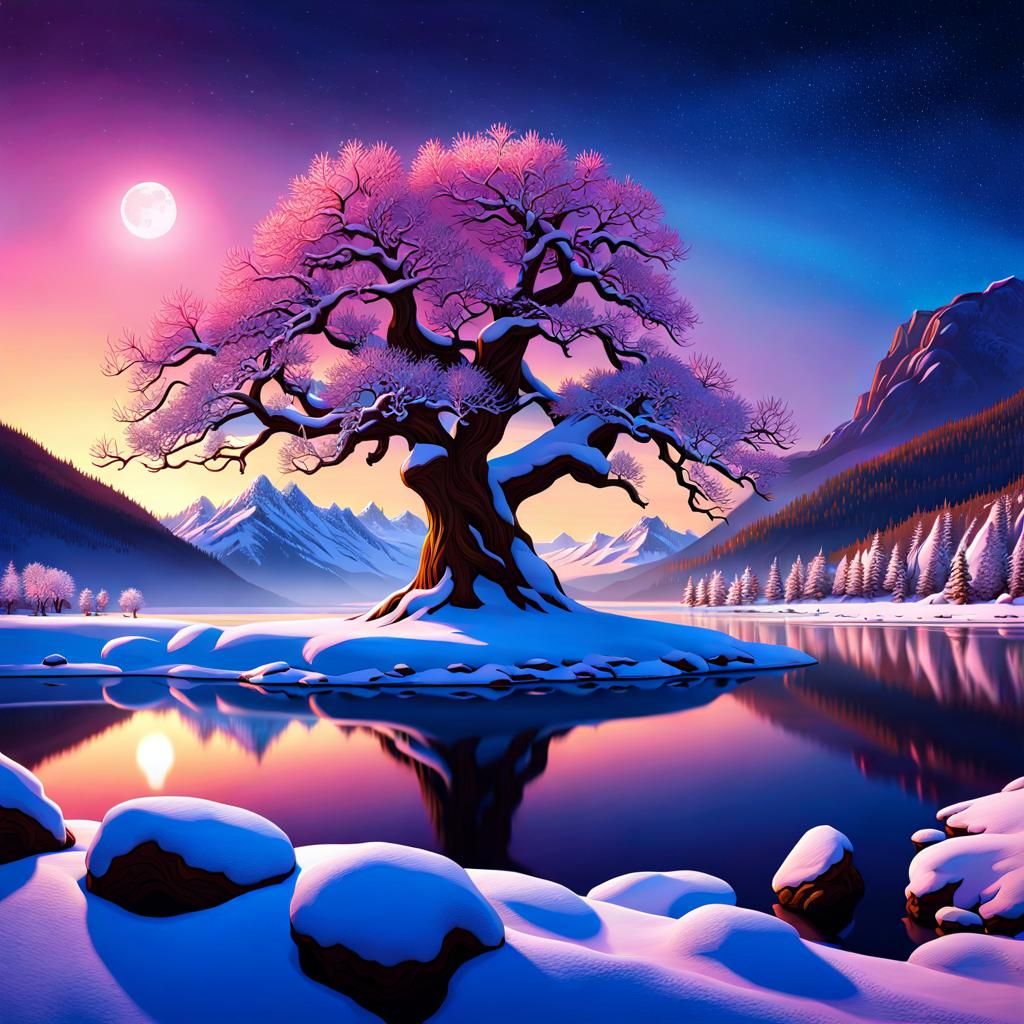 Winter River Valley at Golden Hour in Dark Fantasy Style