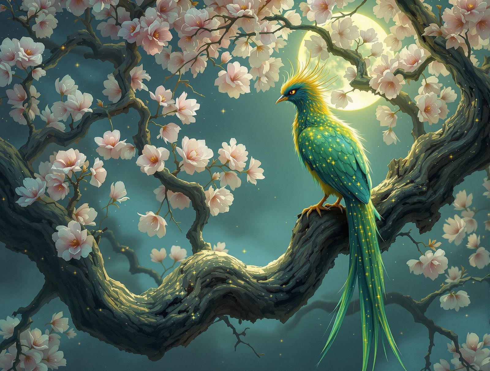 Mystical Moonlit Bird in Cherry Blossom Glory