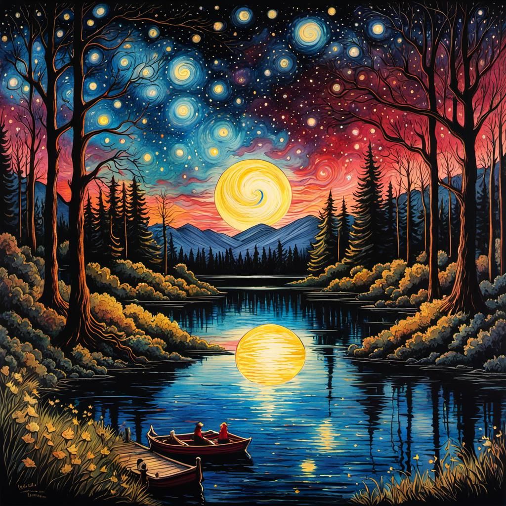 Gothic Starry Night Forest in Watercolor Style