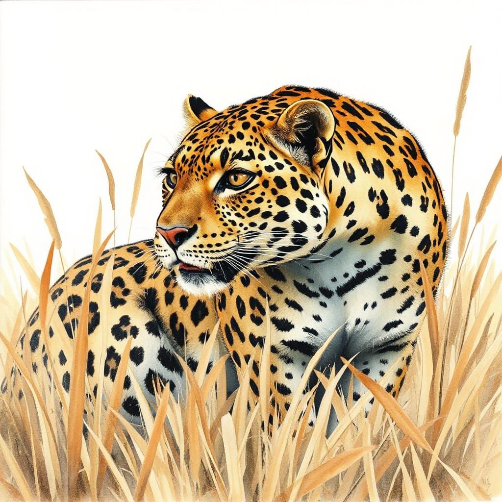 Leopard in Dried Grass Watercolour Painting