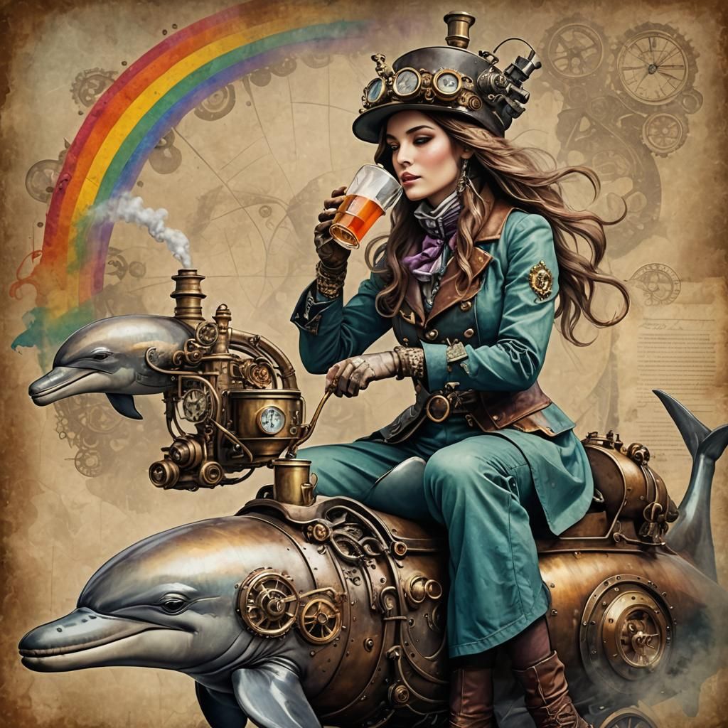 Girl Rides Dolphin with Tea in Steampunk Style