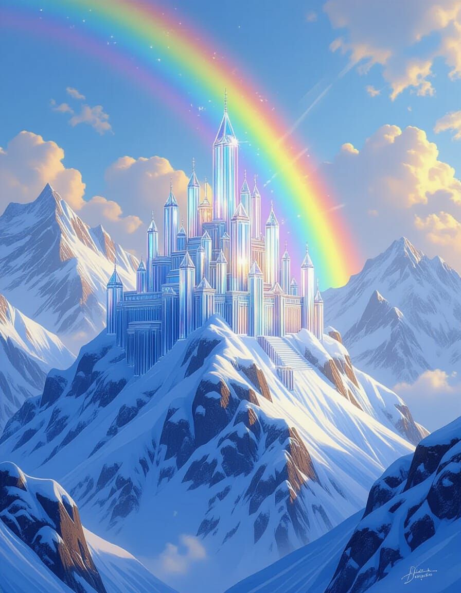 Majestic Crystal Palace on Snow Mountain with Rainbows