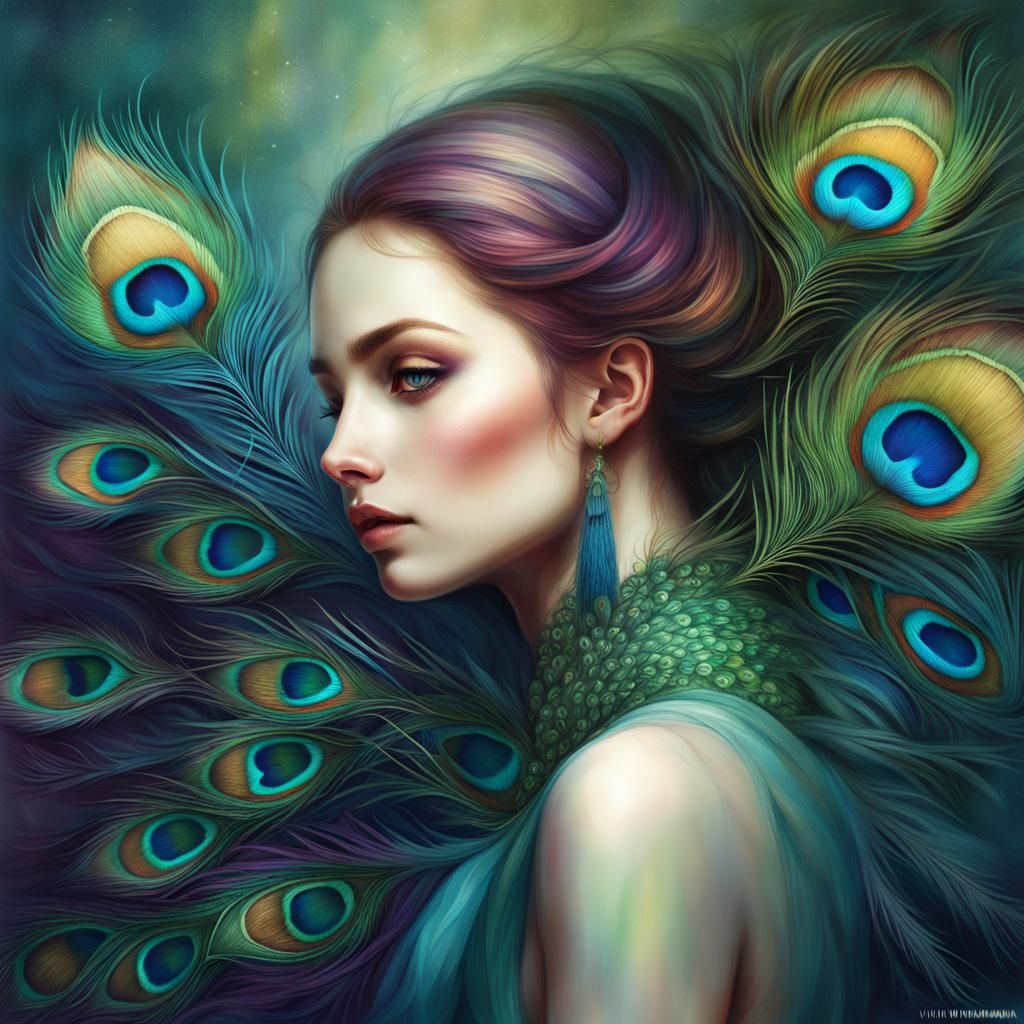 Iridescent Peacock Fantasy Art in Hyperrealism Style