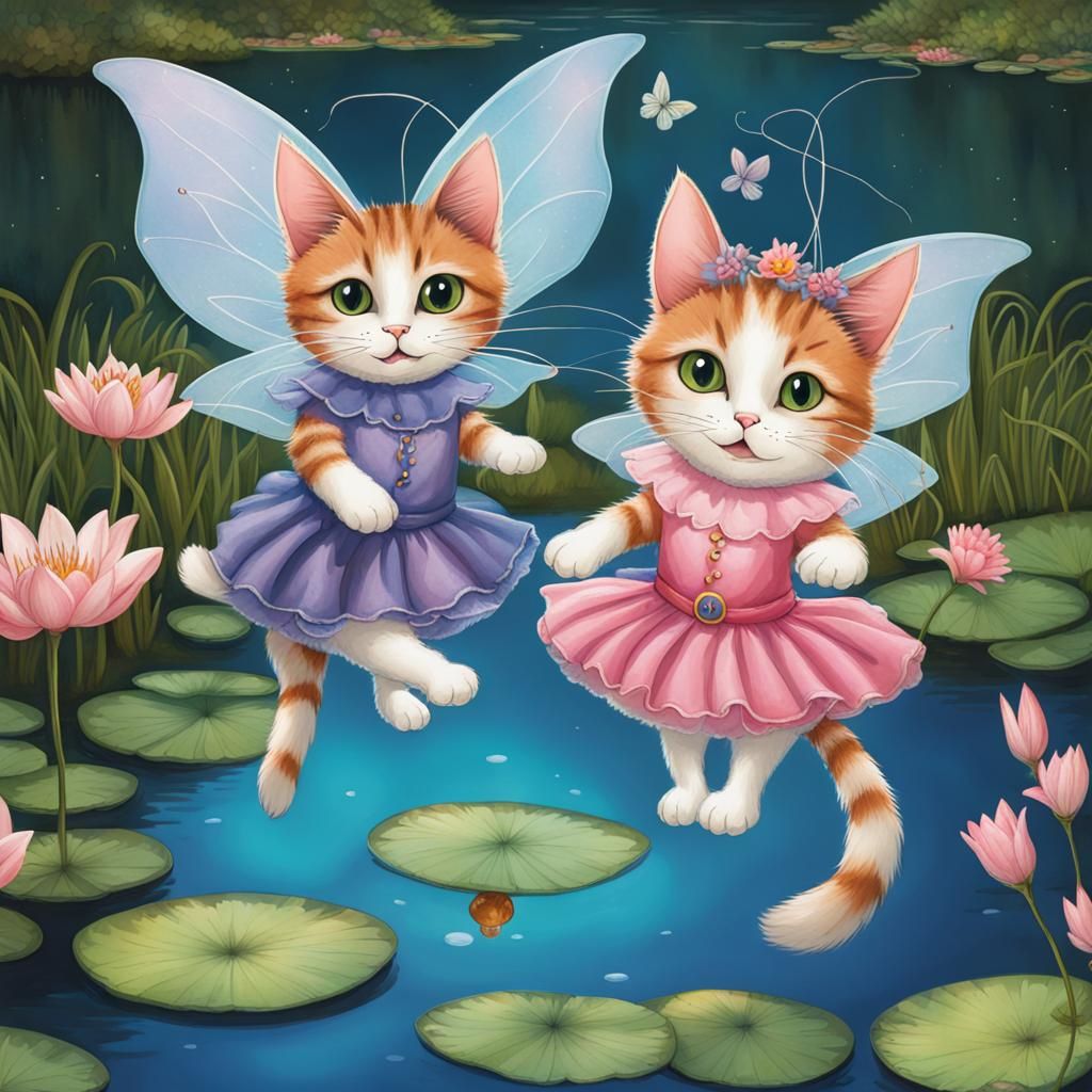 Two Cats in fairy costumes flying over lilly pond