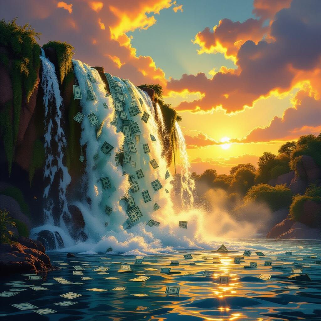 Abundant Waterfall of Money Under Golden Hour Sky