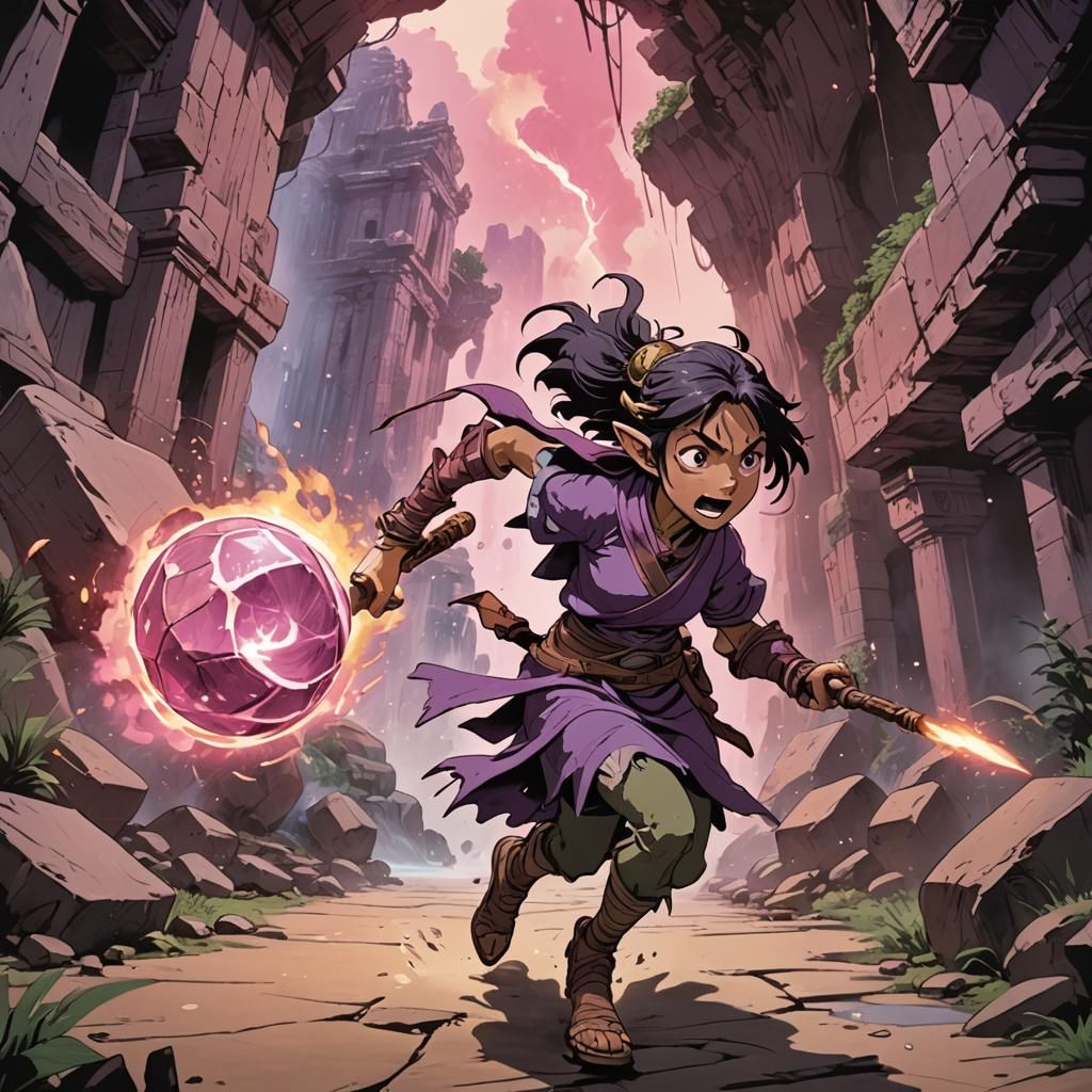 Goblin's Escape: Watercolor and Ink in Temple Ruins