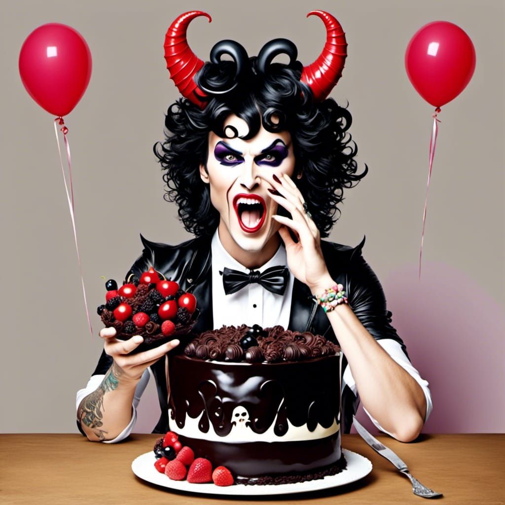 Charming Devil Indulging in Devil's Food Cake