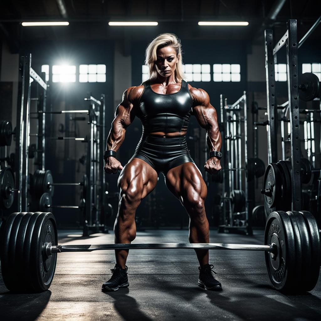 Female Bodybuilder in Black Leather Cinematic Photo