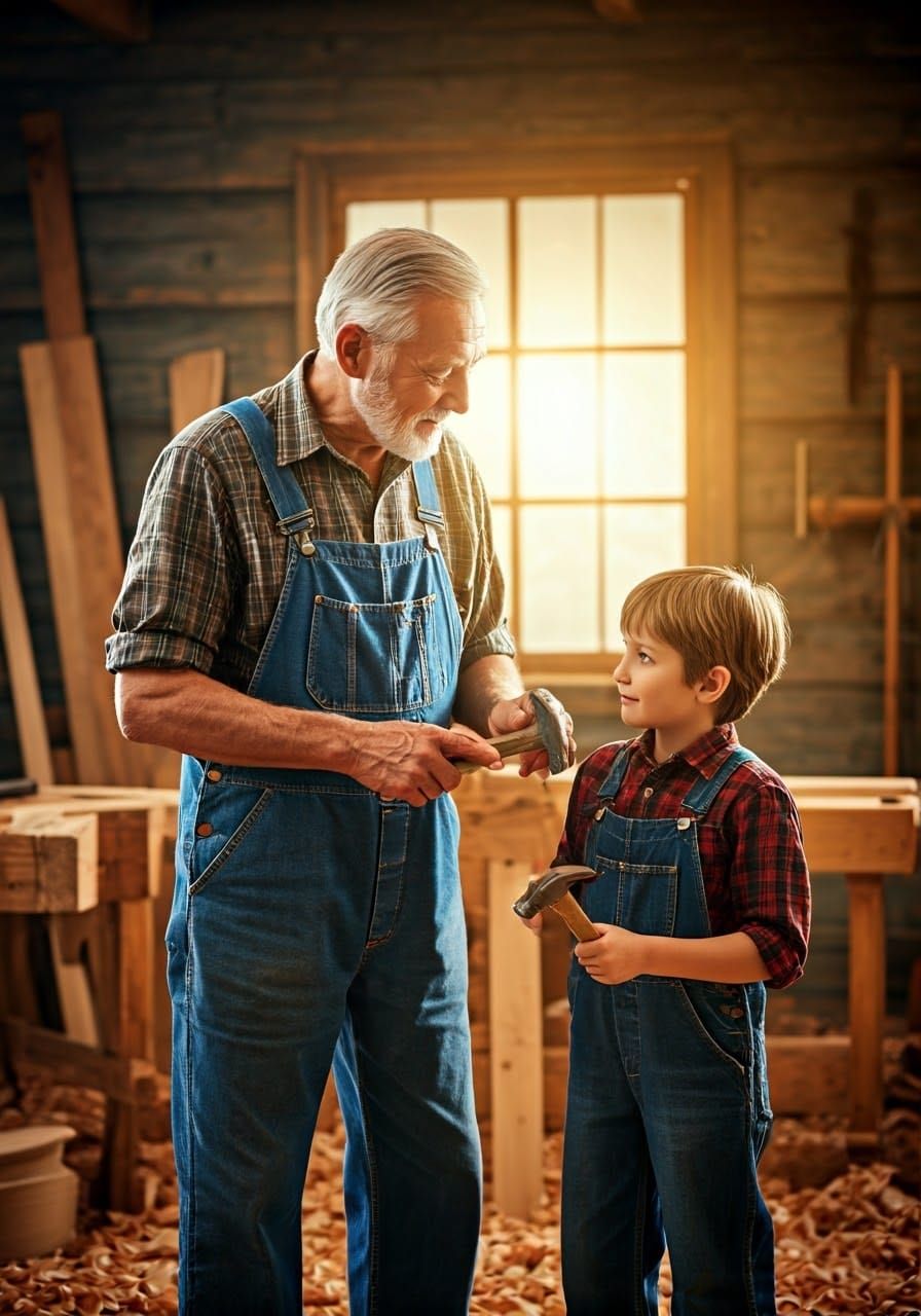 Grandfather Teaches Woodworking in American Realism Style