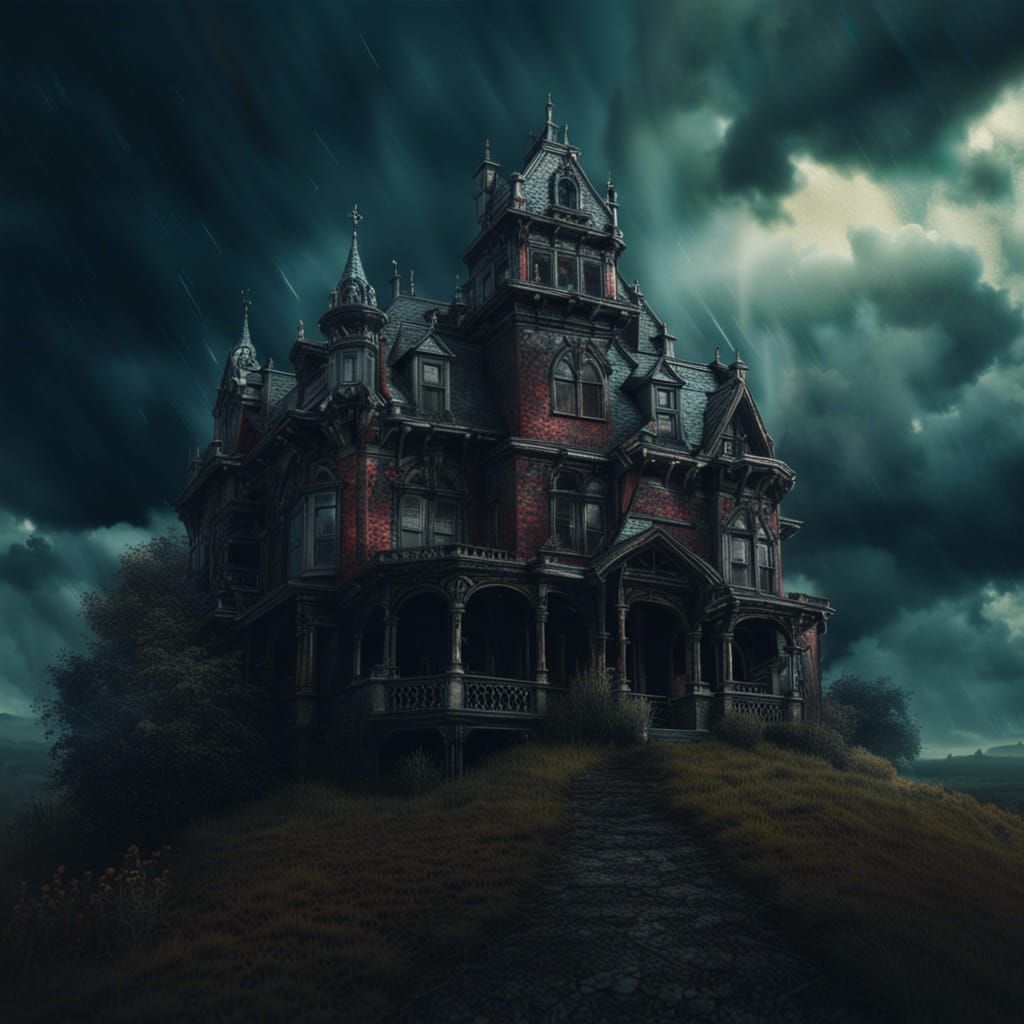 Horrific Gothic Mansion with Stormy Sky, Matte Painting