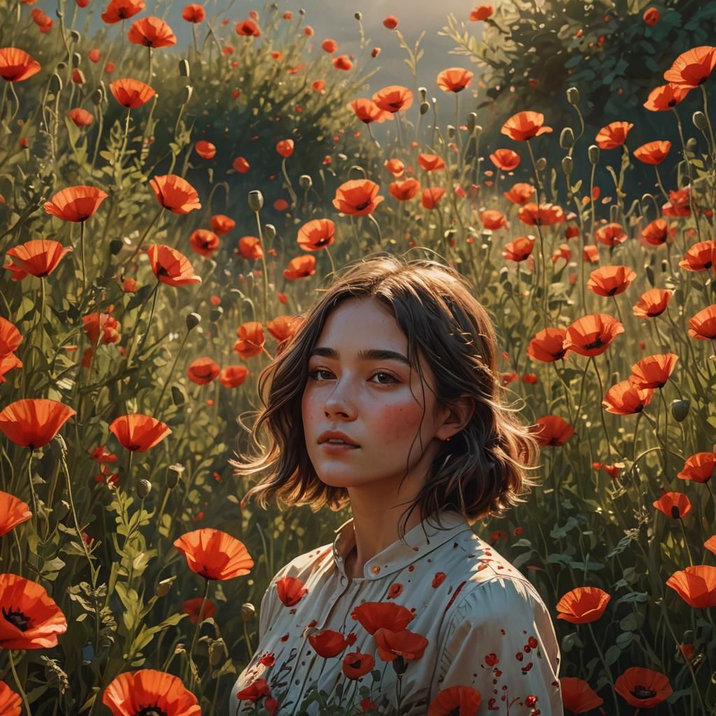 Woman in Poppy Field: Hyperrealistic Concept Art