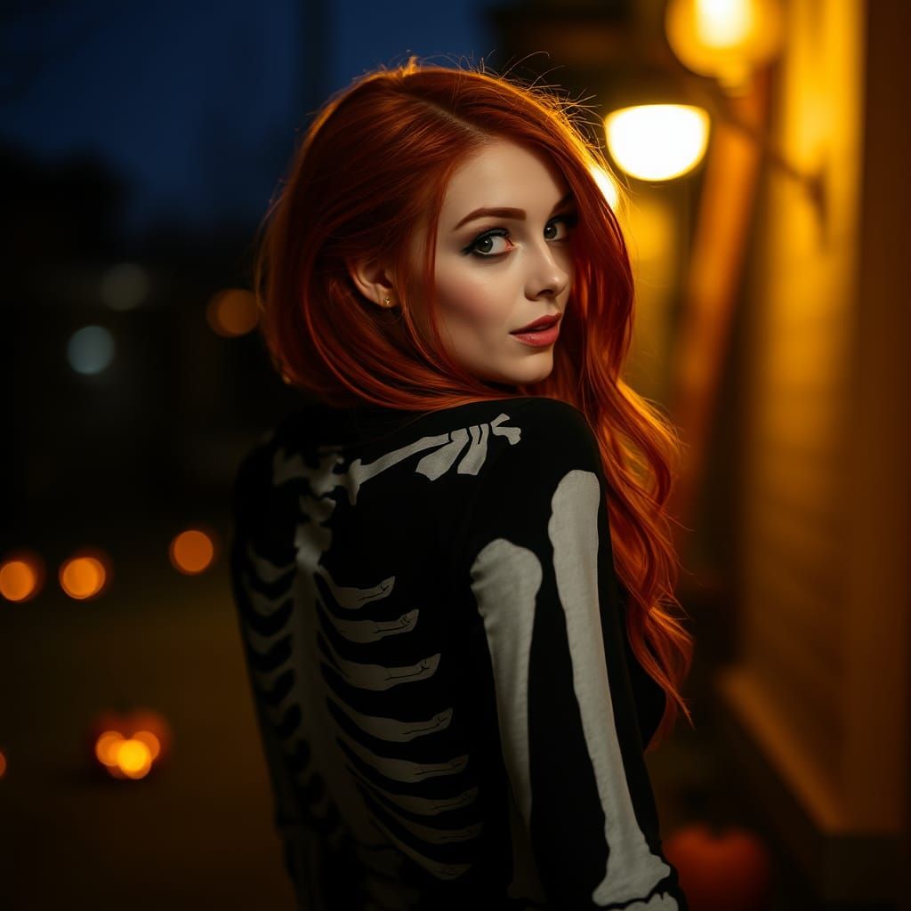 Redhead Skeleton Looks Back on Halloween Night