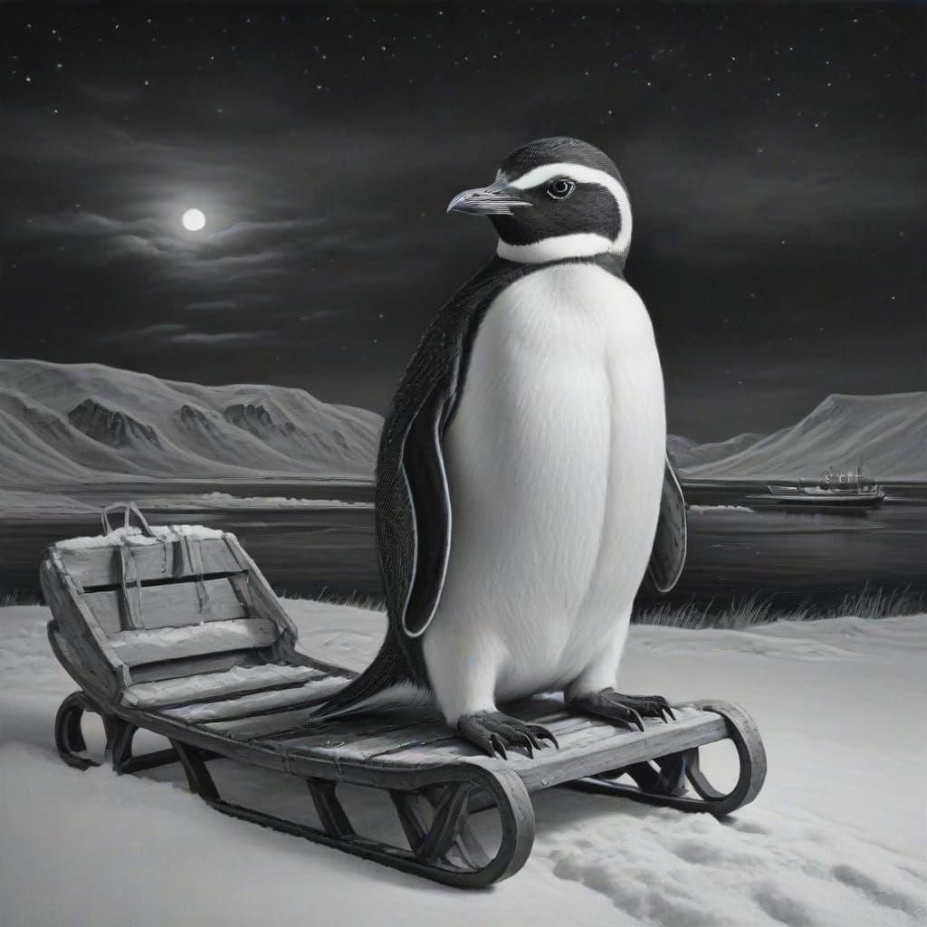 Glass Penguin on Arctic Sledge in Charcoal Drawing Style