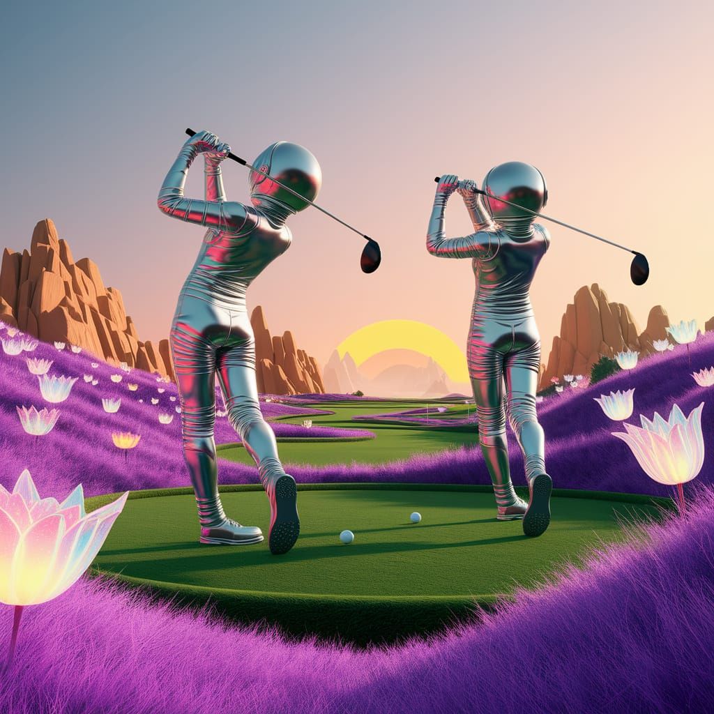 Astronauts in Vibrant Alien Golf Course