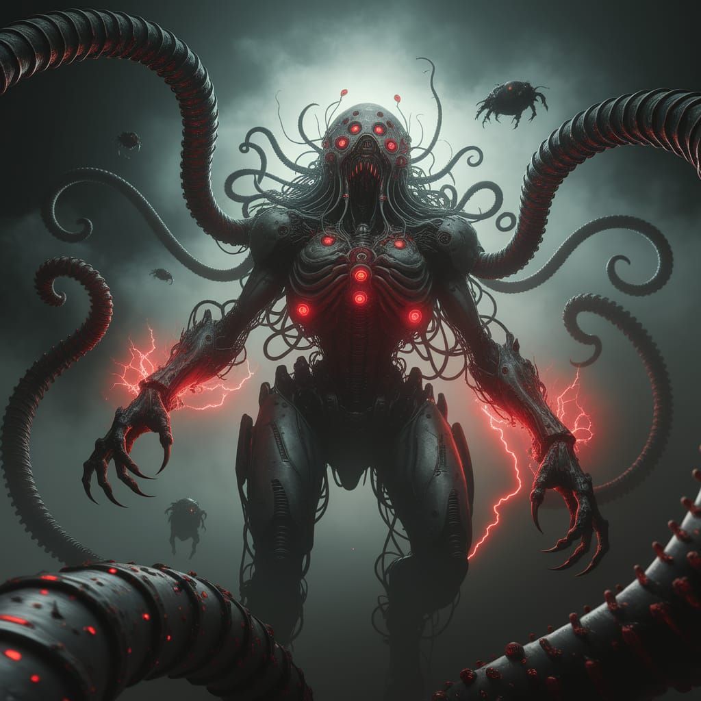 Nightmarish Biomechanical Entity in Cosmic Horror Scene