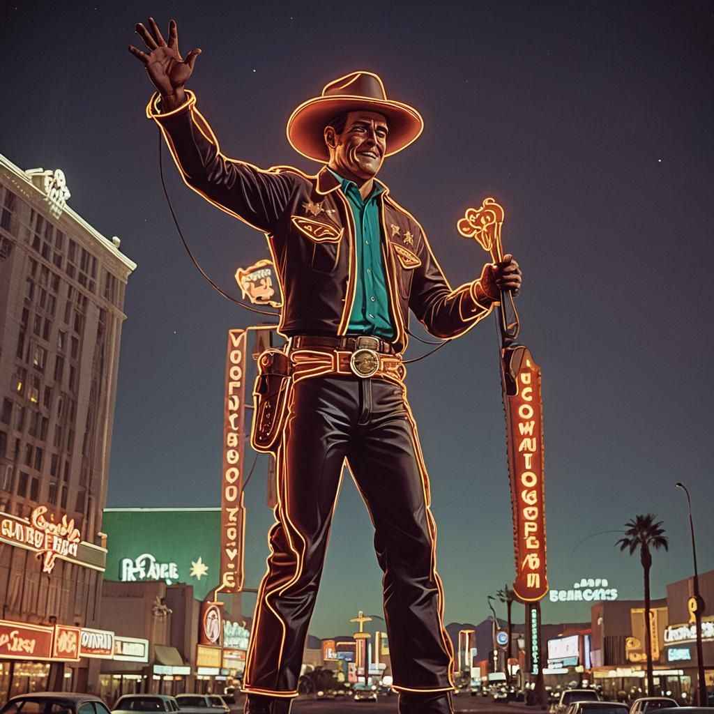 Vintage Vegas Vic Neon Sign at Night, Las Vegas