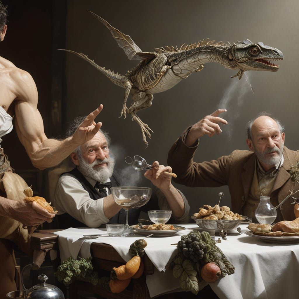 A young dragon flies low over a table of guests at Bistro BIzzarro: notice the lady at the end of the table say "What's ...