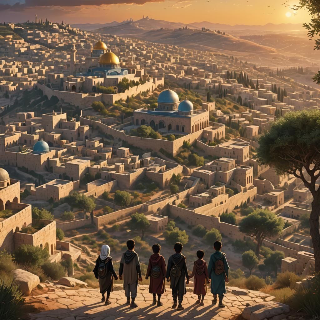 Victorious Palestinian Children in Fantasy Landscape