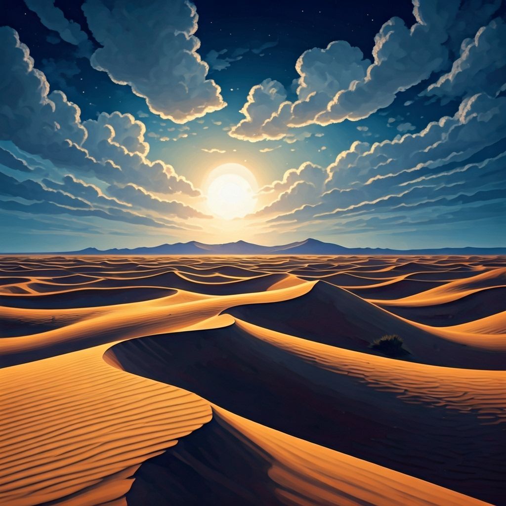 Sahara Desert Landscape Under Blood Moon as Gouache Painting