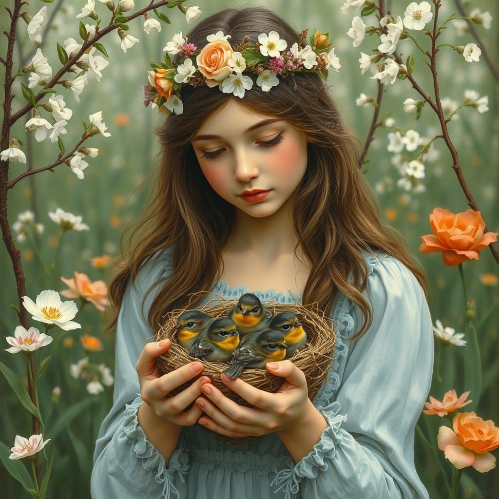 Spring Goddess with Baby Birds and Floral Crown