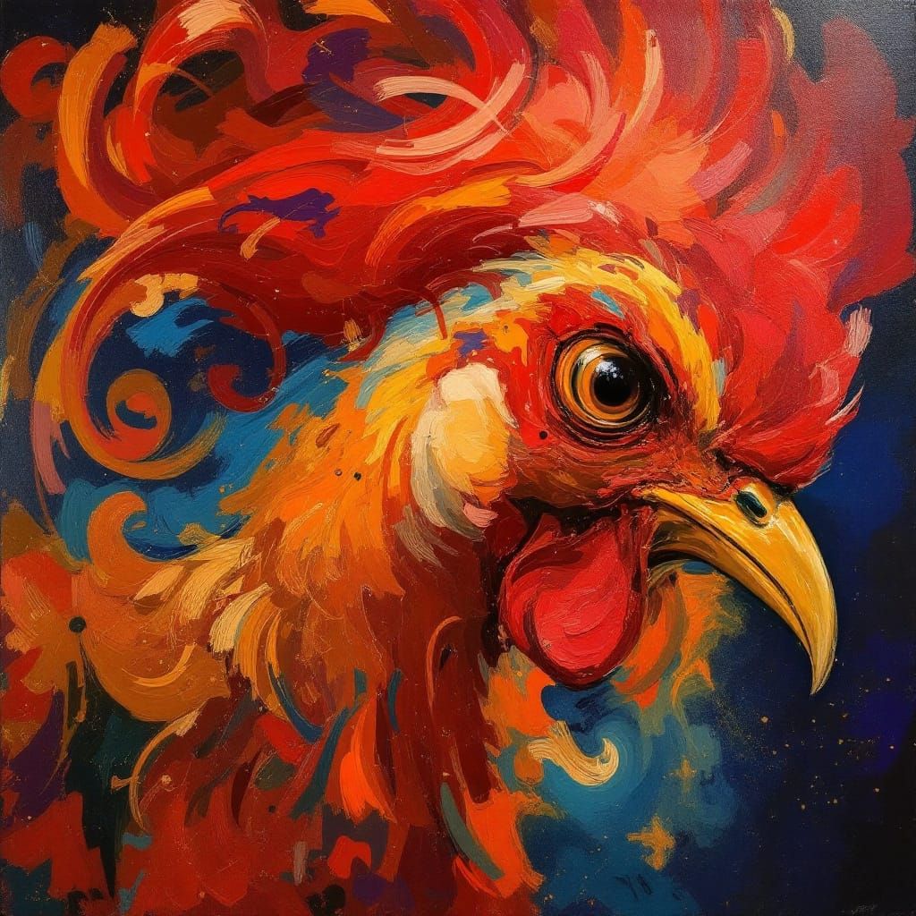 Rocking Rooster in Electric Skies with Hollywood Glamour