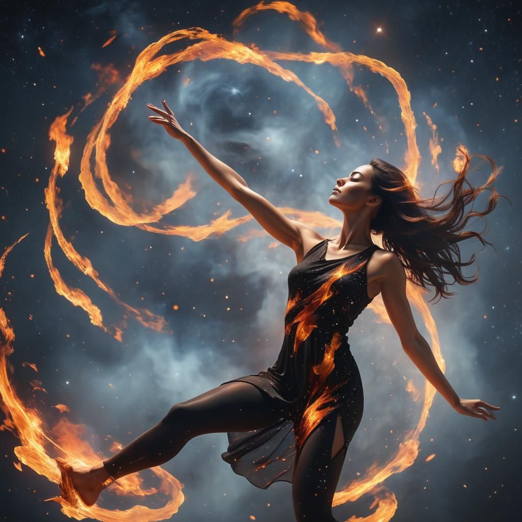 Fiery Girl Swirling in Cosmos: Cell-Shaded Art