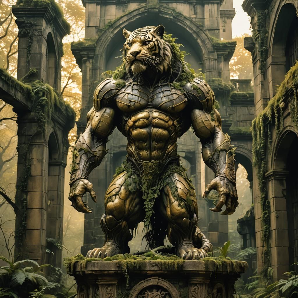 Tiger-Man Statue in Ruined Castle, Watercolor Style