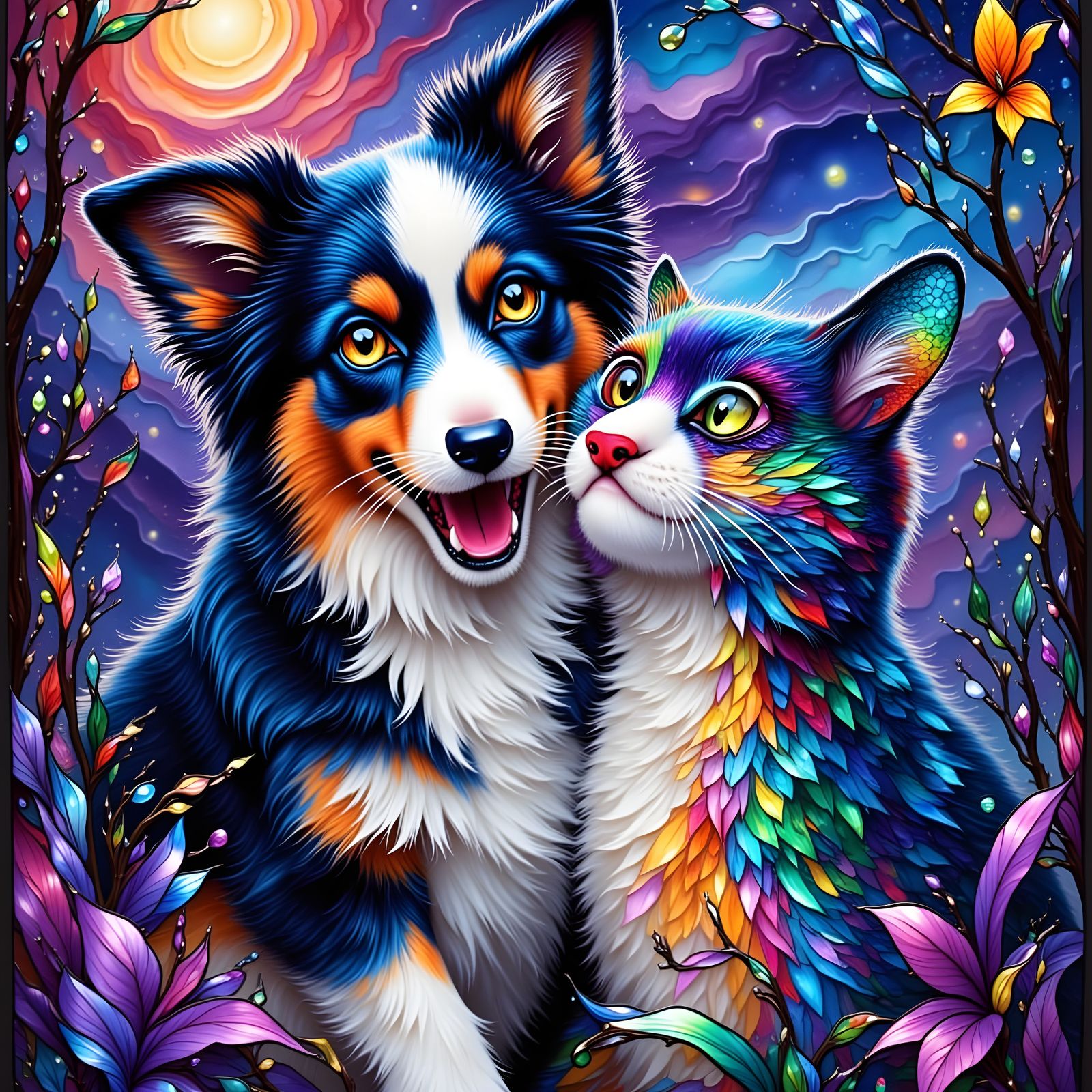 Psychedelic Australian Shepherd and Cat Playful Scene