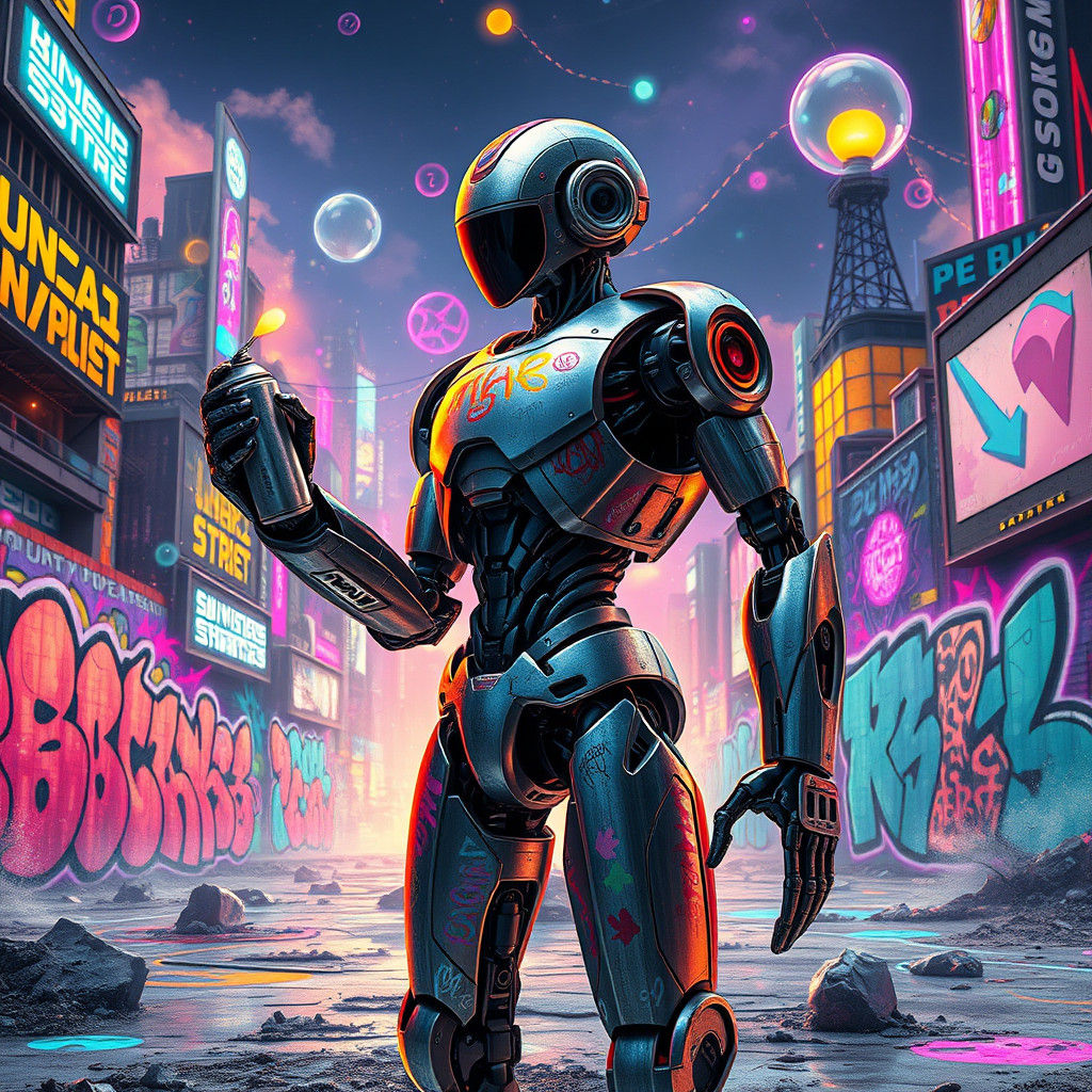Futuristic Robot Creating Graffiti in Urban Landscape