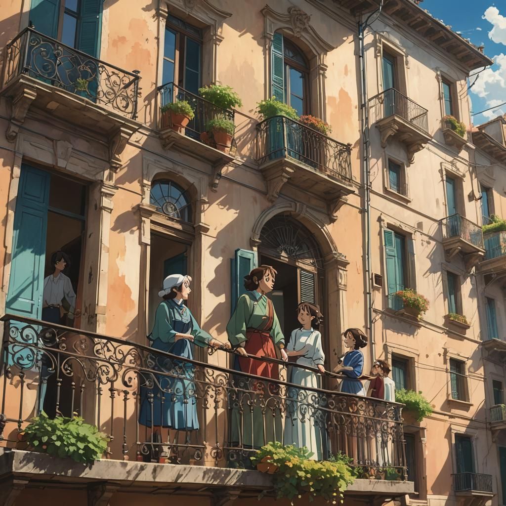 Italian Women Balconies Conversation, Studio Ghibli Style
