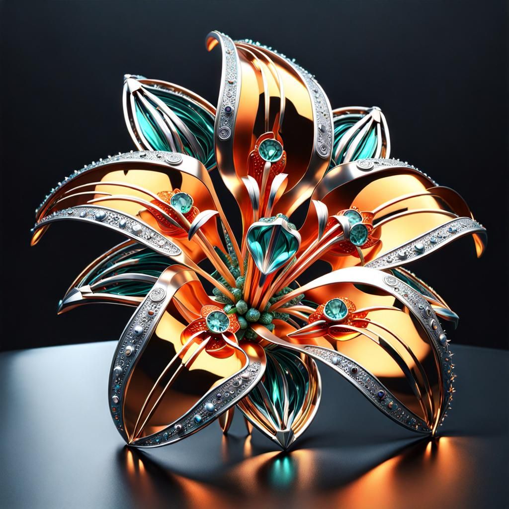 Ornate Bejeweled Metal Tiger Lily Sculpture