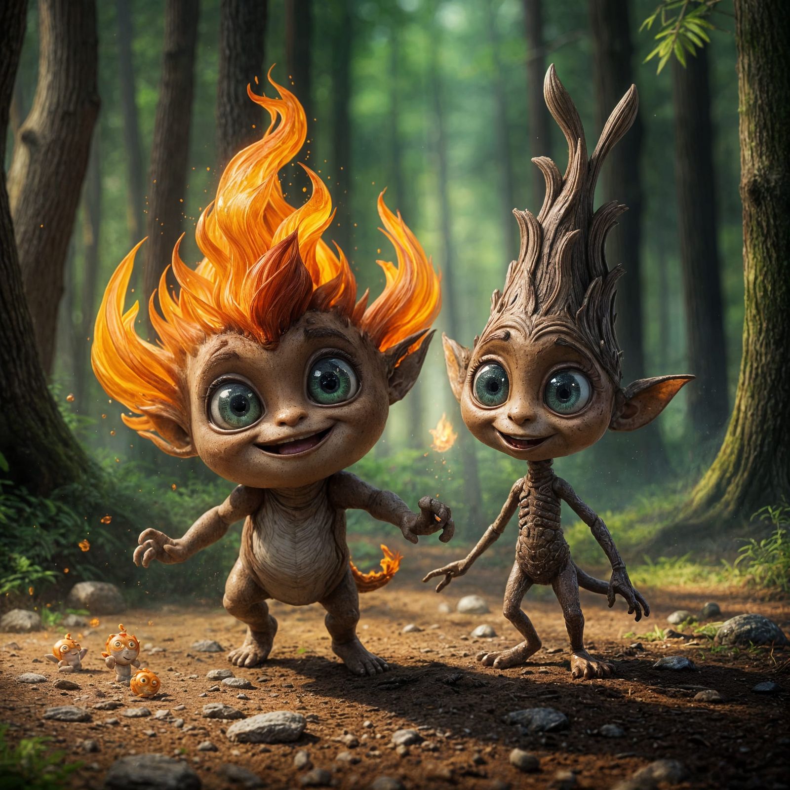 Cheerful Elementals Play in Vibrant Forest Scene, Hyperreali...