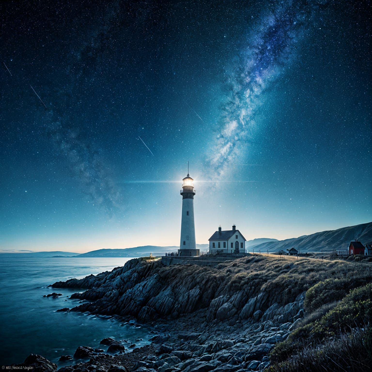Lighthouse Under Starry Sky at Night