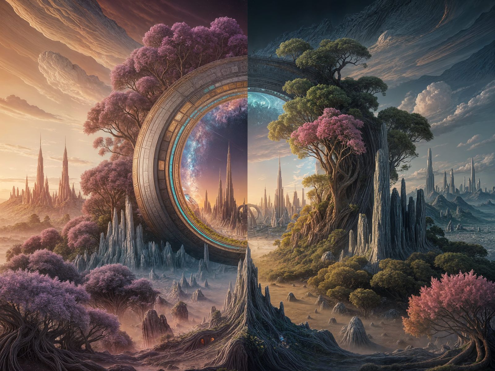 Futuristic City Split in Time: Alphonse Mucha Style