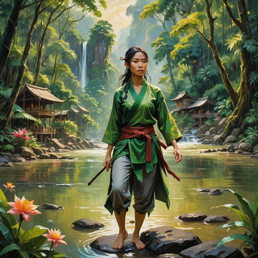 Ethereal Elf Maiden in Lush Rainforest Village