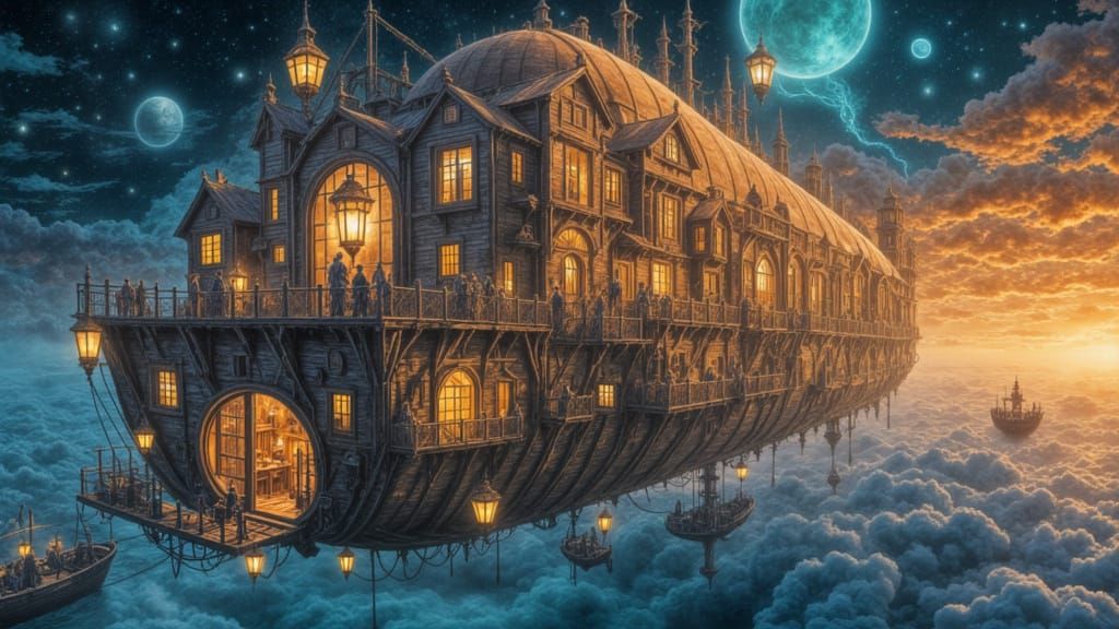 Steampunk Airship Soars Through Cosmic Nebulae