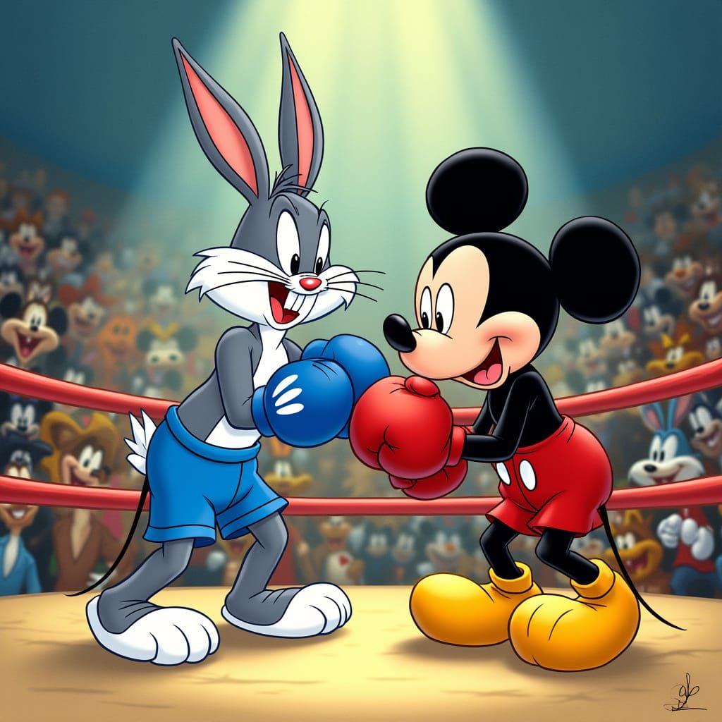Bugs Bunny and Mickey Mouse in a Classic Cartoon Boxing Matc...