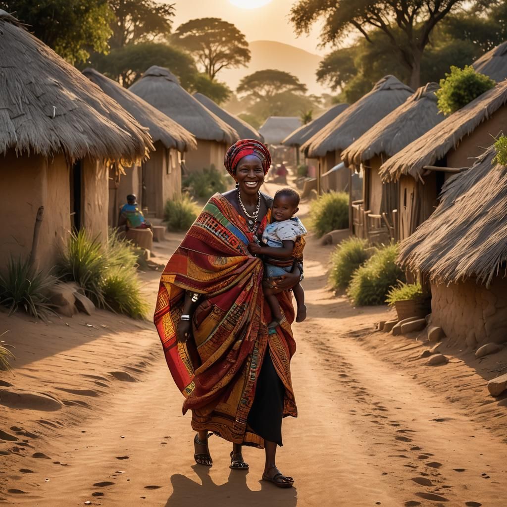 African Mother and Child at Sunset