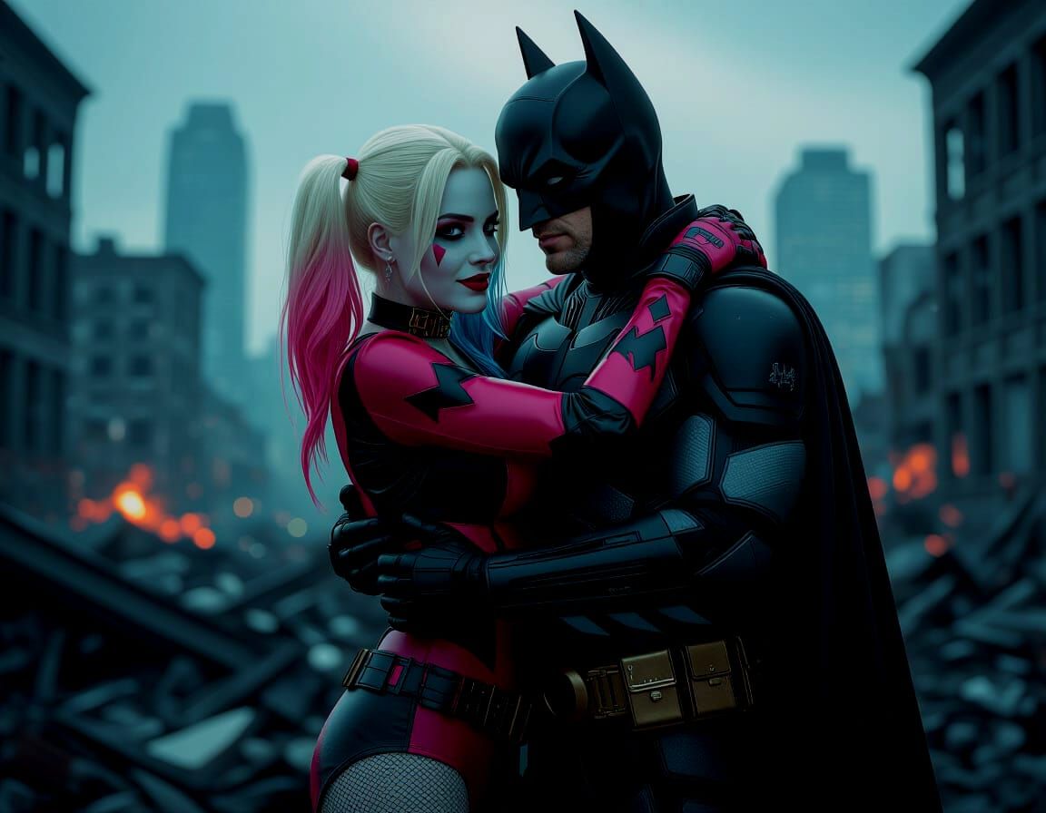Harley Quinn and Batman Hugging in Destroyed City