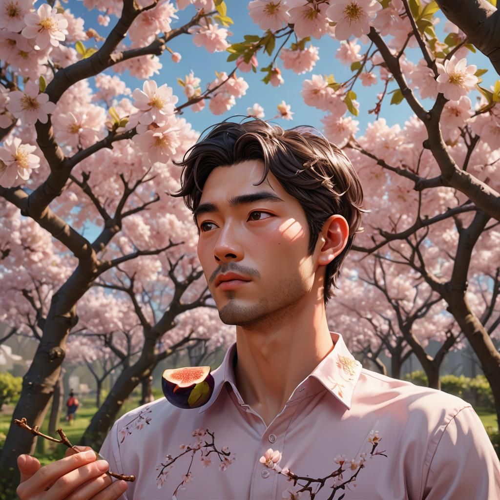 Man Eating Figs in Anime Style Garden