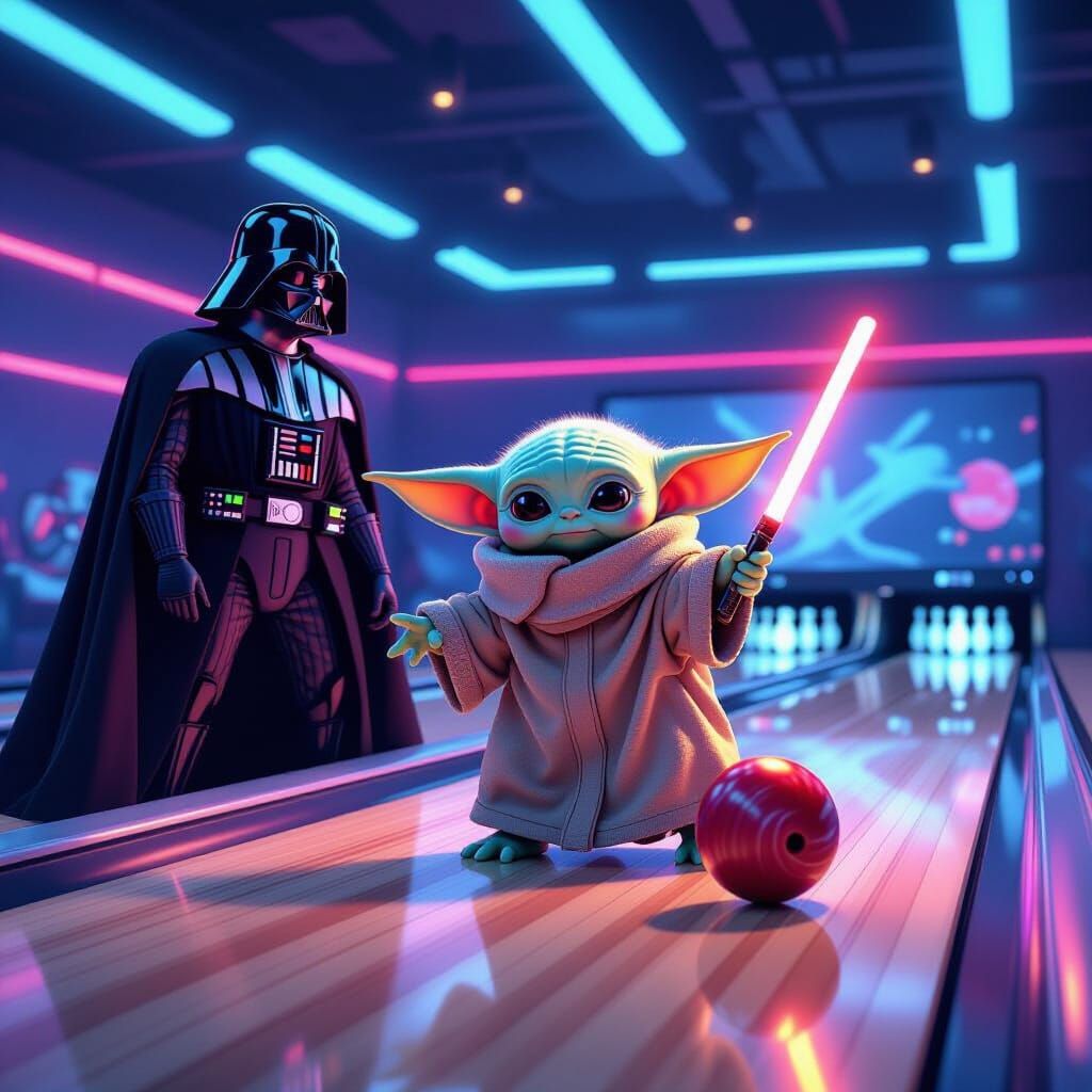 Baby Yoda Bowls Strike as Darth Vader Watches
