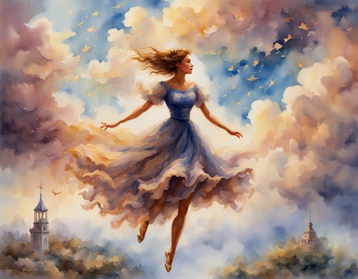 Girl in Blue Dress Flies Through Golden Clouds