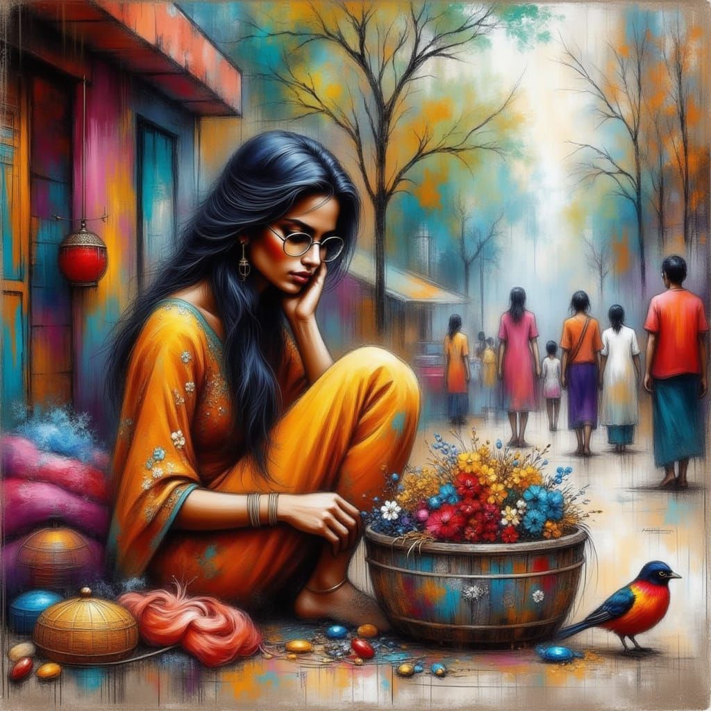 Indian Street Vendor in Impressionist Style