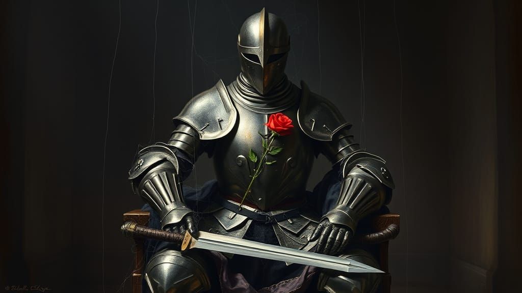 Medieval Armor in Desolate Chapel, in Dramatic Chiaroscuro S...