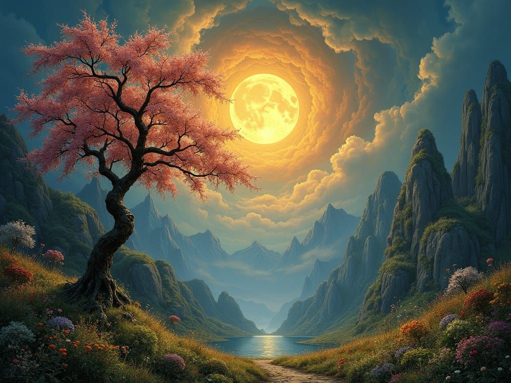 Detailed Fantasy Landscape in Pre-Raphaelite Style