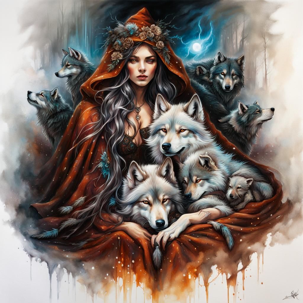 Wolf Witch Cuddling Pups Under Blanket