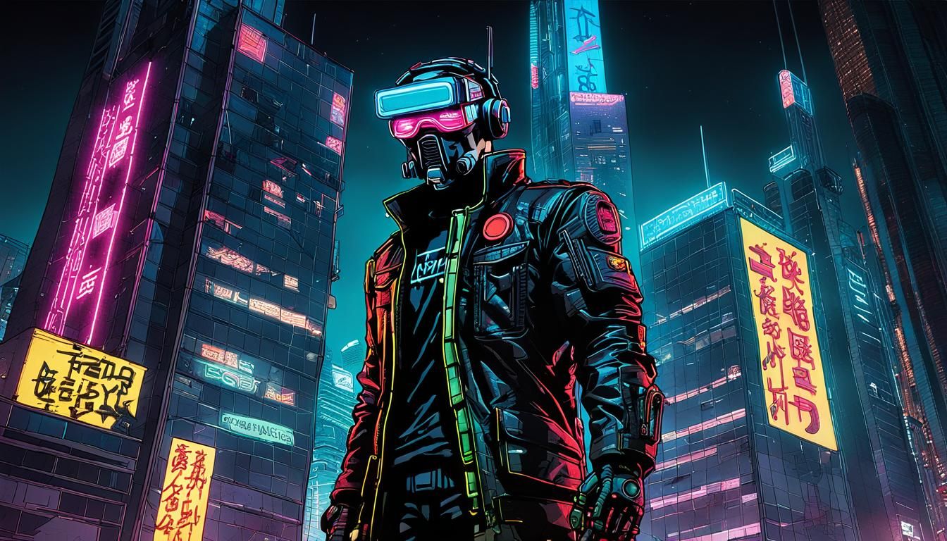 Cyberpunk Comic Book Cover with Neon Skyscraper