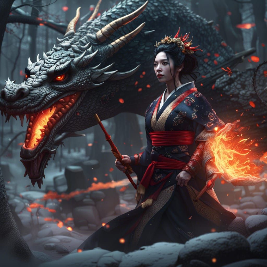 Dragons Unleashed: Geisha Princess in Winter Forest