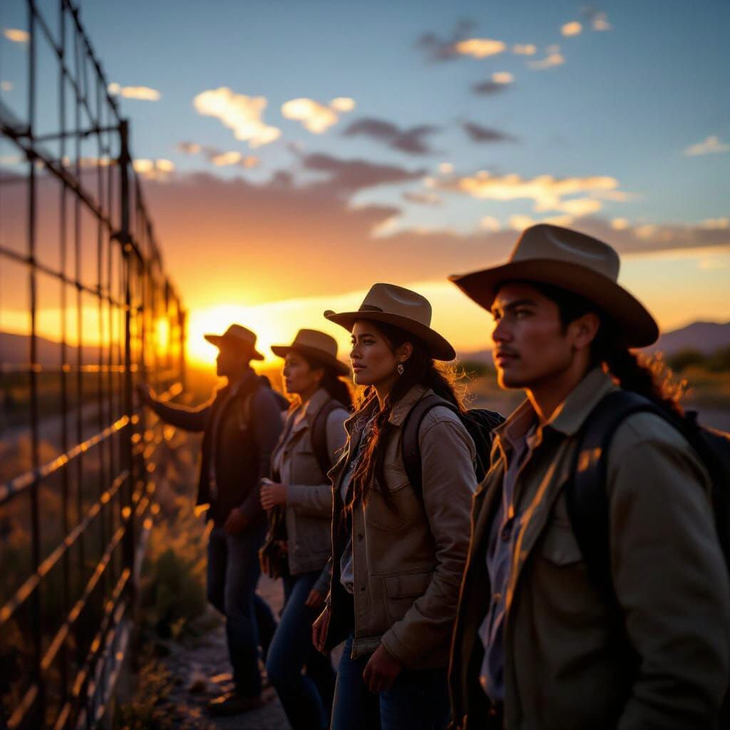 Determined Mexicans Crossing Border at Sunset